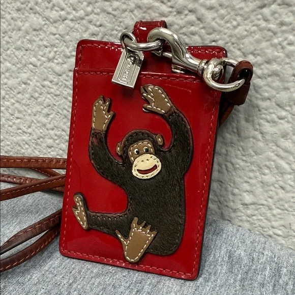 Rare Vintage Coach Red Patent Lanyard with Monkey Design - Picture 1 of 10